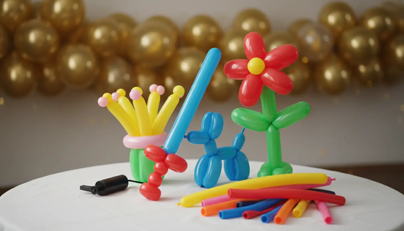 Twisted balloon sword, crown, puppy dog and flower laid out on a party table