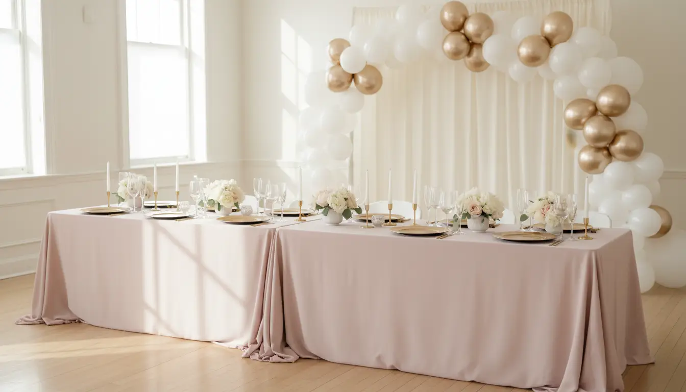 Long blush-linen table with gold chargers and low florals under a champagne balloon garland