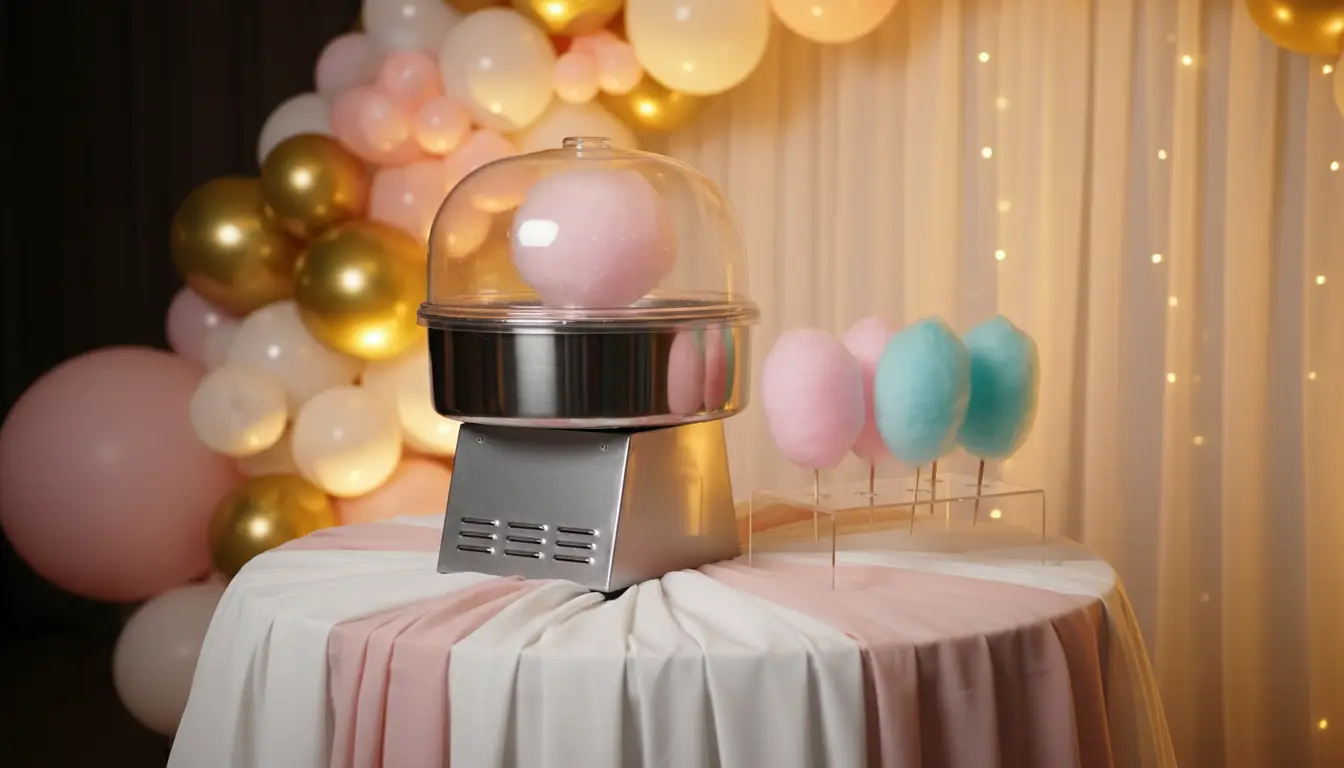 Cotton candy machine spinning pink floss beside pink and blue cones on a draped table