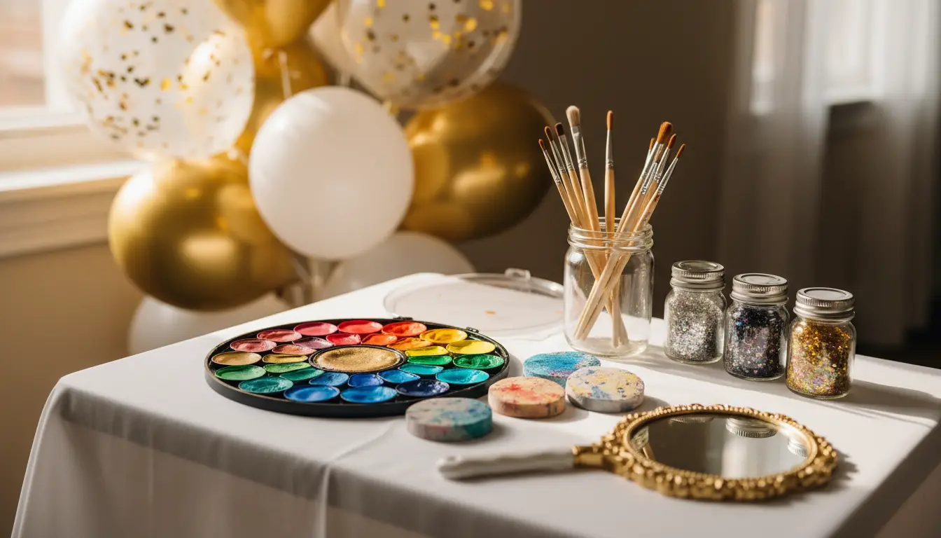 Face paint palette, brushes, glitter jars and a gold hand mirror set out on white linen