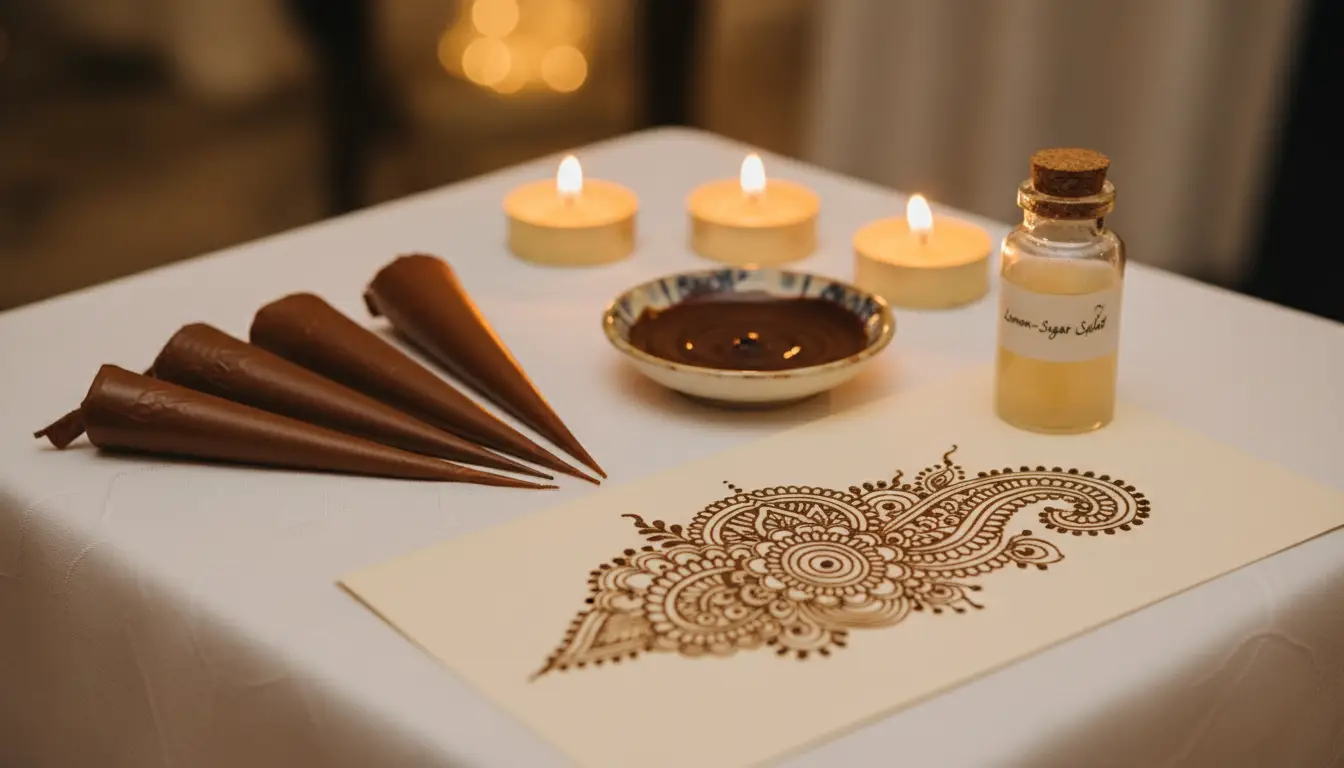 Henna cones, a dish of paste and a paisley henna design on a cream card beside tea lights
