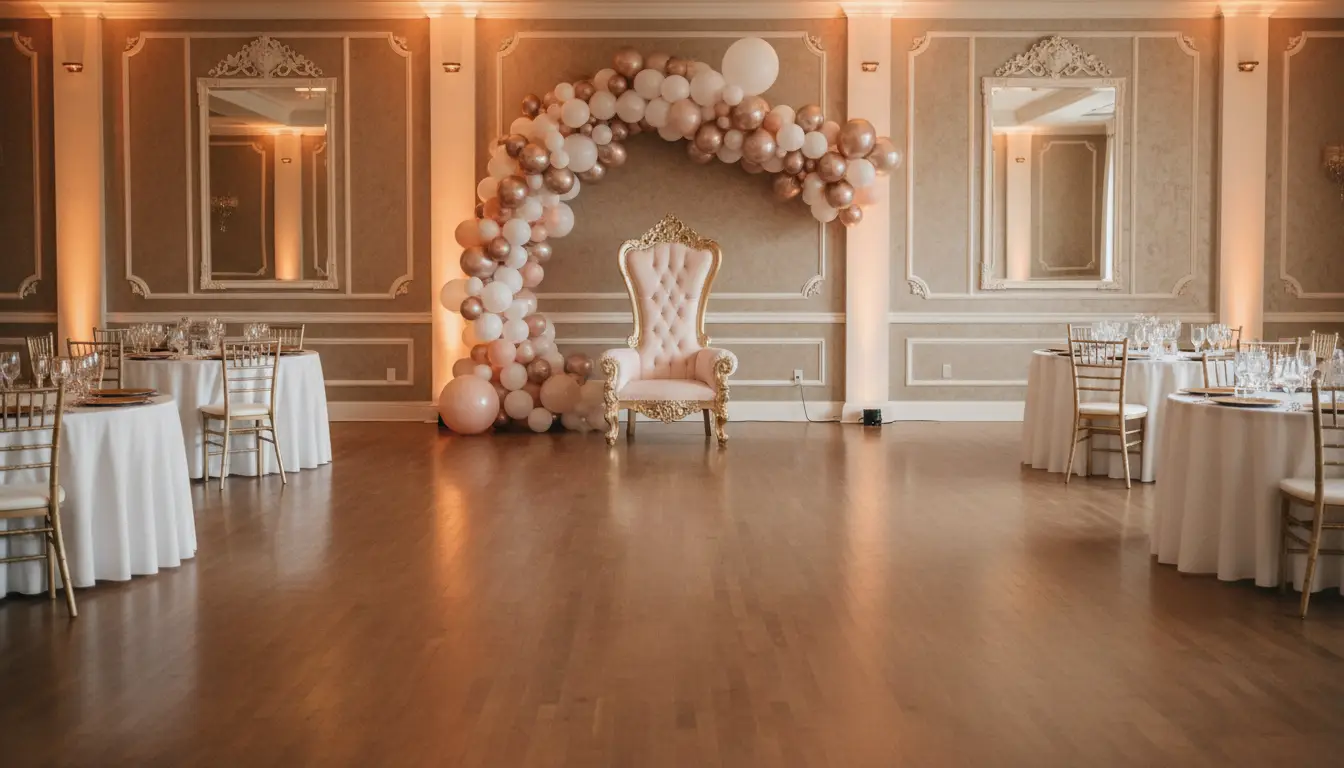 Empty ballroom with a white and gold throne chair under a blush and rose gold balloon arch