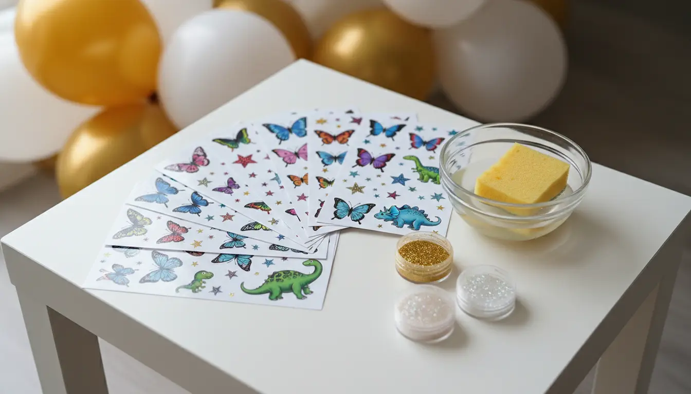 Sheets of temporary tattoos with butterflies, stars and dinosaurs fanned across a white table