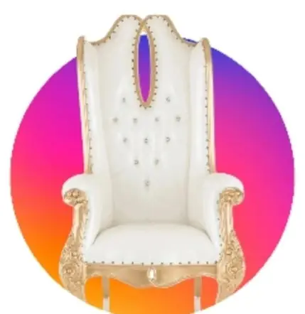 White tufted throne chair with a gold frame cut out against a soft gradient disc